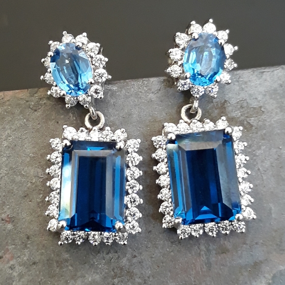 Intense Blue Swiss Topaz and Sapphire Earrings - Picture 10 of 11